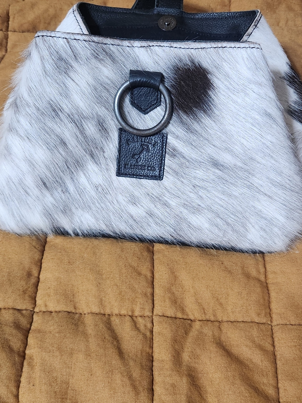 Cowhide Wristlet Clutch with Ring Accent - Black & White